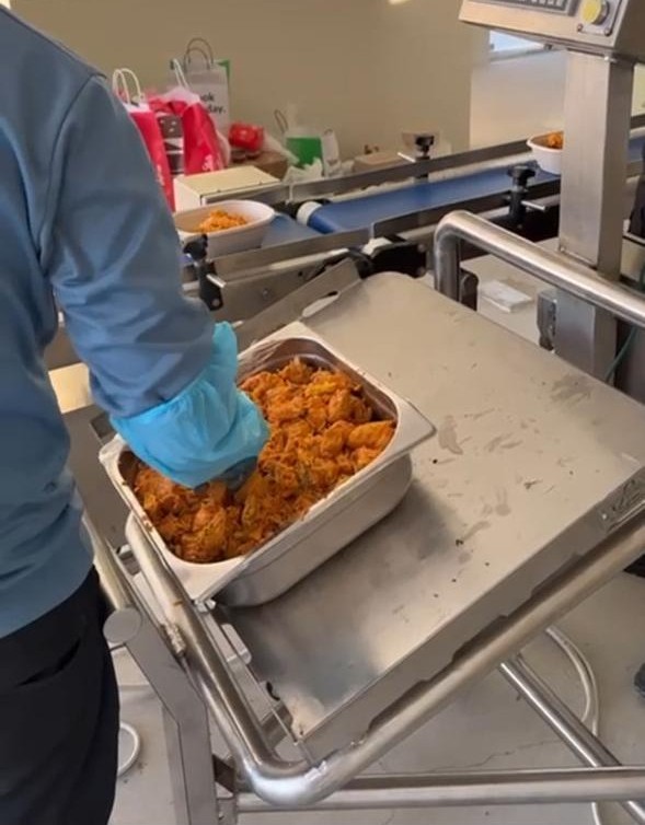 Food-processing transfer and operator handling station.