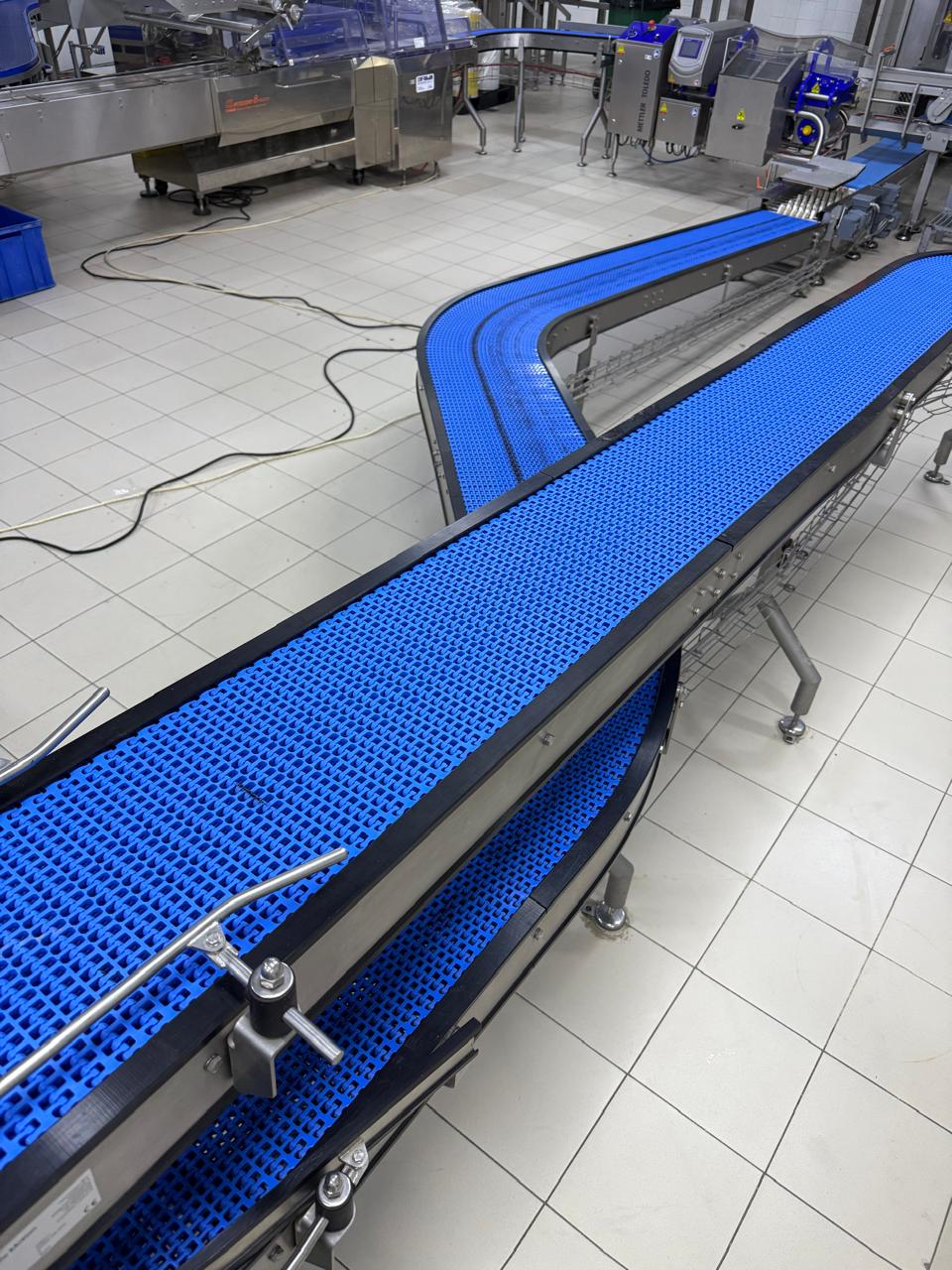 Modular belt conveyor in hygienic processing environment.