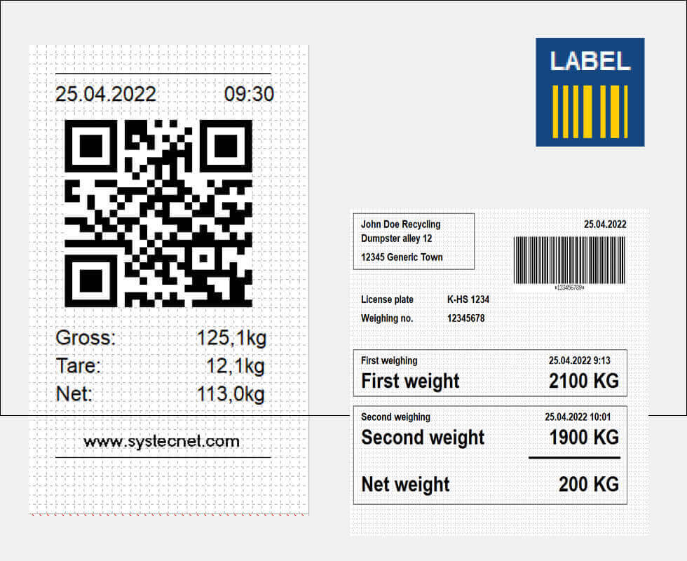 Weight label with QR code and barcode